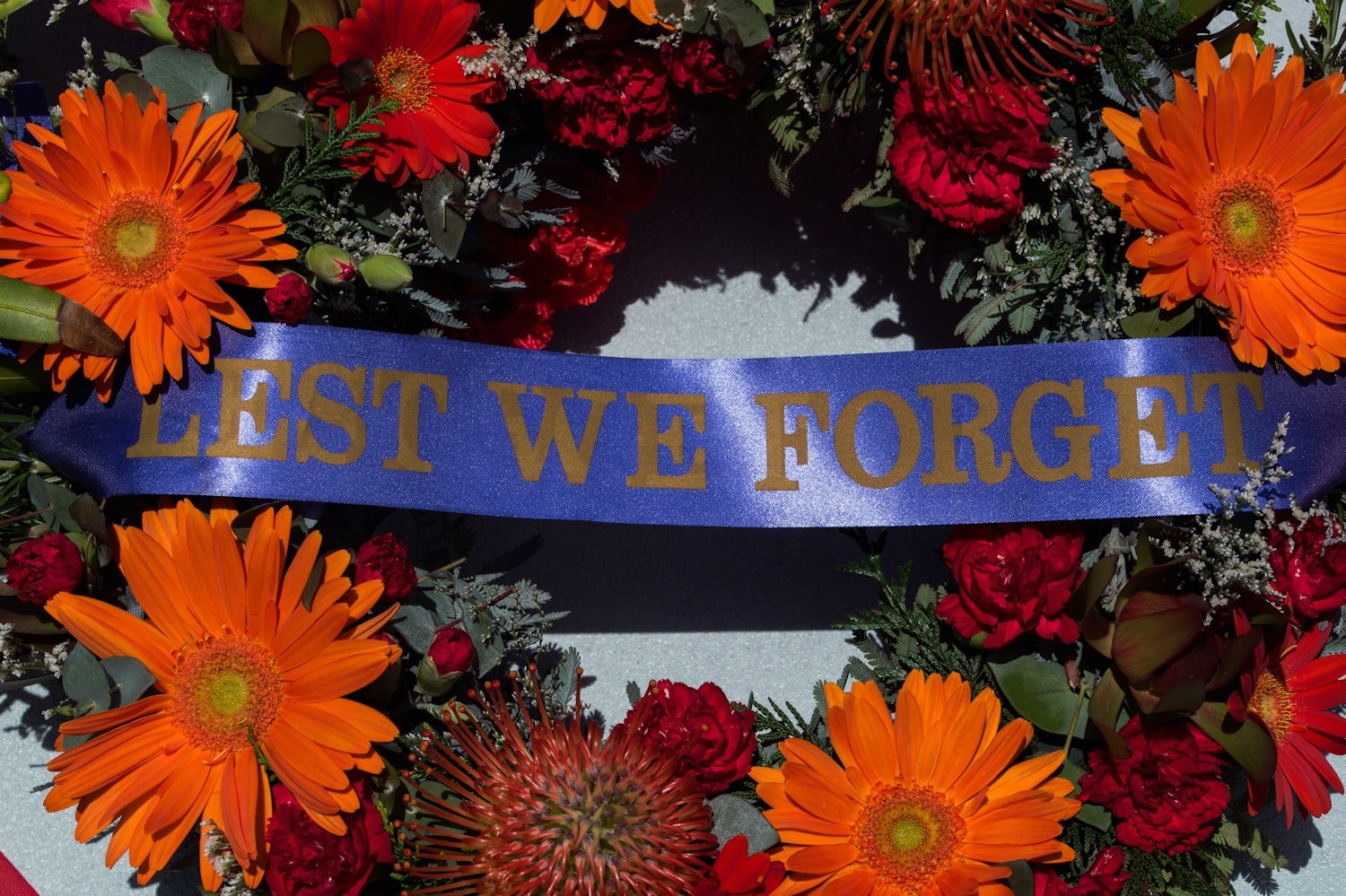 A floral wreath prepared for a Memorial Day ceremony