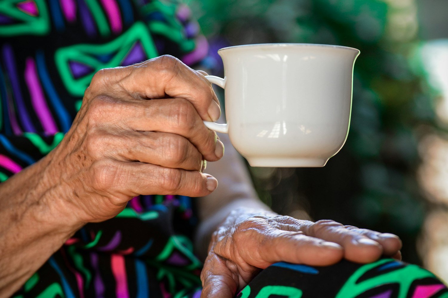 Hands holding a warm ceramic teacup in a quiet moment at home