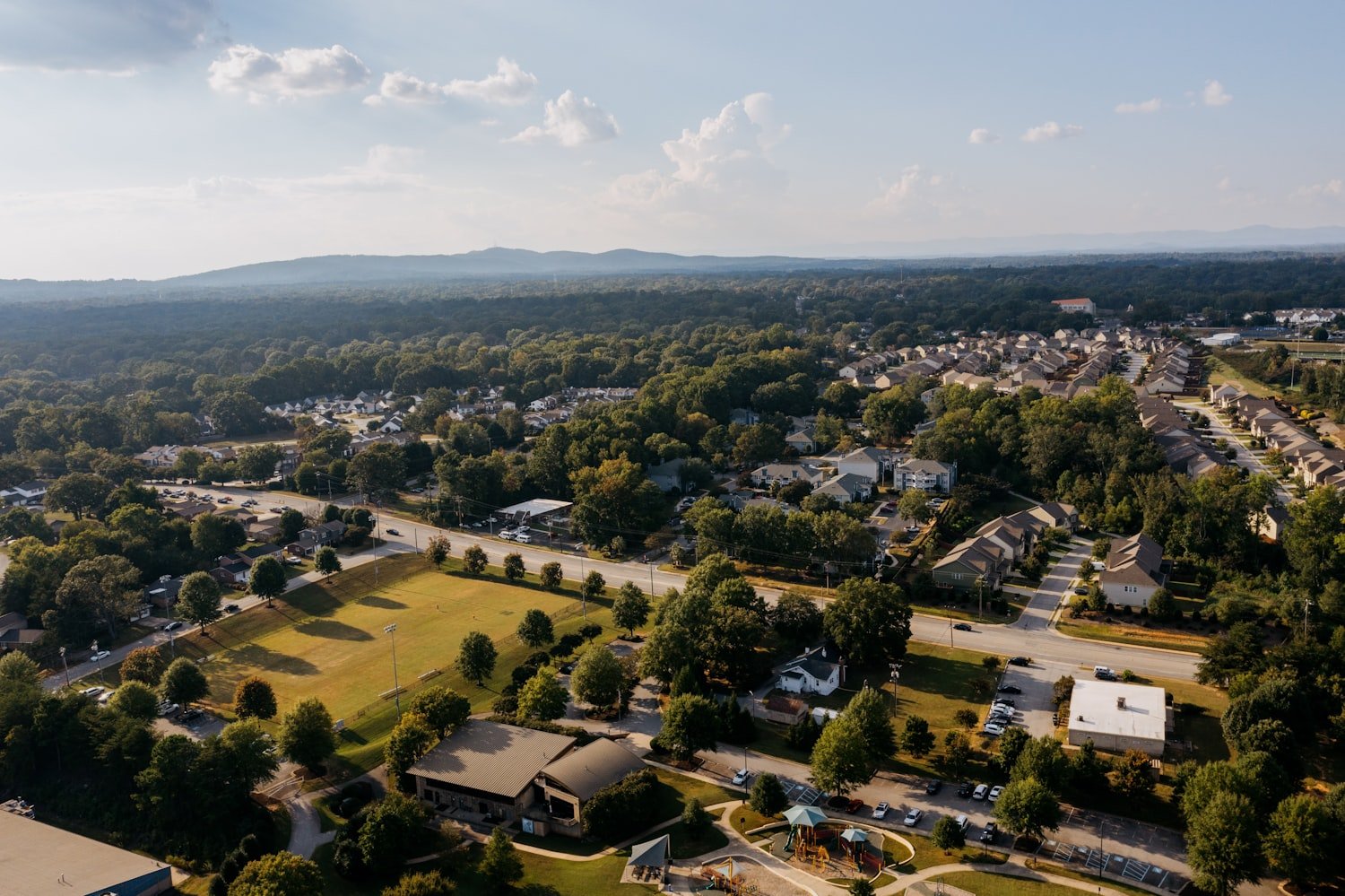 An aerial view of a suburban neighborhood, reflecting the postwar housing boom driven by VA home loans