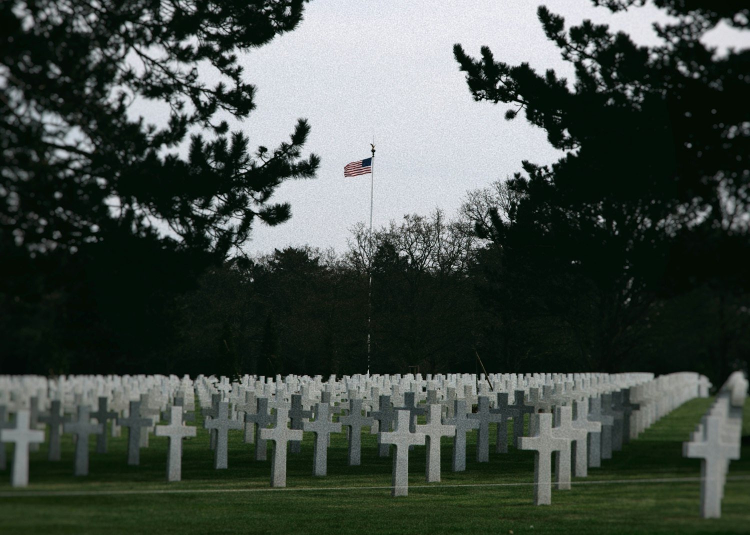 Rows of white crosses in a military cemetery with an American flag